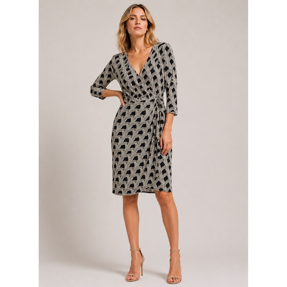 White House Black Market Black and Gray Geometric Wrap Dress
